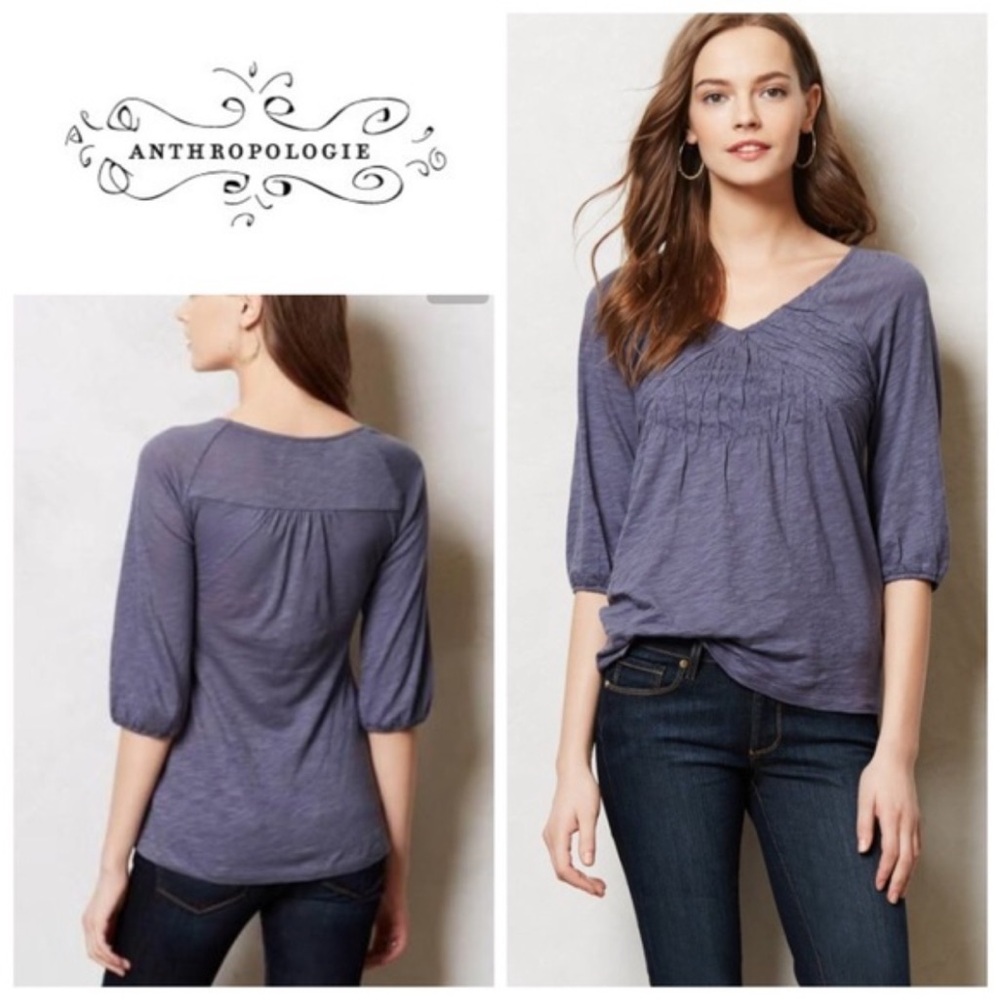 Anthropologie Deletta Purple Smocked V-Neck Top Xs